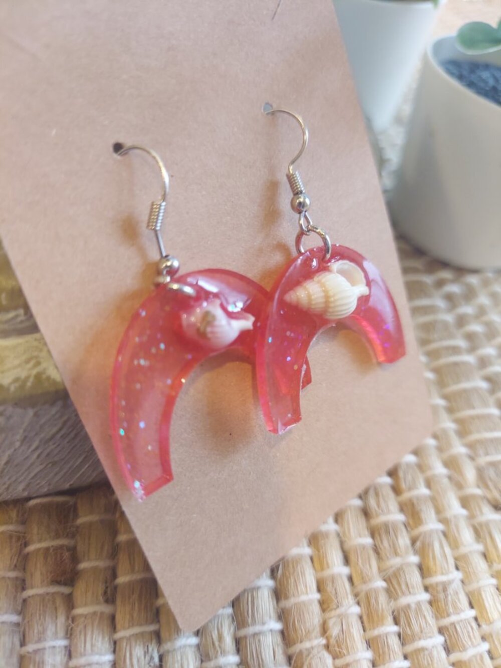 Handmade Crescent Moon Shell Earrings | Pink Sparkle Resin | Coastal Beach Jewel - Picture 8 of 8